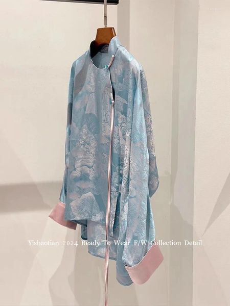Vestes pour femmes, Design élégant à la mode, chemise en soie de Style traditionnel chinois, poignets de couleur contrastée, manches longues, doux