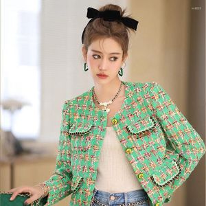 Vestes Femmes Élégant Vert Plaid Tweed Pour Femmes 2024 Designers De Luxe Automne Hiver Vêtements Dames O-Cou Court Manteau De Laine Femme