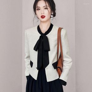 Vestes pour femmes élégantes à lacets Bow Tweed Veste Manteau Femmes Mode Coréenne Contarst Couleur À Manches Longues Bureau OL Laine Mélangée Court Outwear
