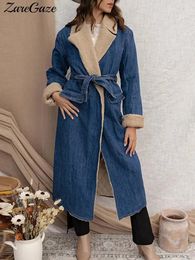 Vestes Femmes Élégant Lambswool Denim Coupe-Vent Femmes Avec Ceinture Lâche Revers À Lacets Double Poche Long Manteau Automne Hiver Chaud Coupe-Vent 231219