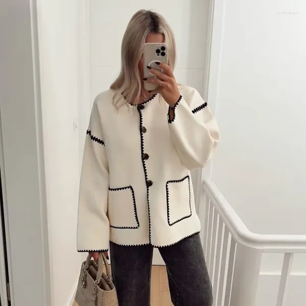 Vestes Femmes Élégant Patchwork Poche Veste Femmes À Manches Longues O-Cou Bouton Manteaux 2023 Automne Hiver Mode Chaud Streetwear Dames