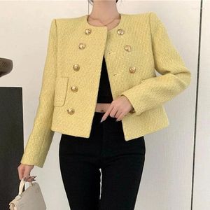 Chaquetas de mujer elegante chaqueta de tweed corta mujer lujo otoño francés o-cuello doble botonadura abrigos recortados vintage diseñador de moda