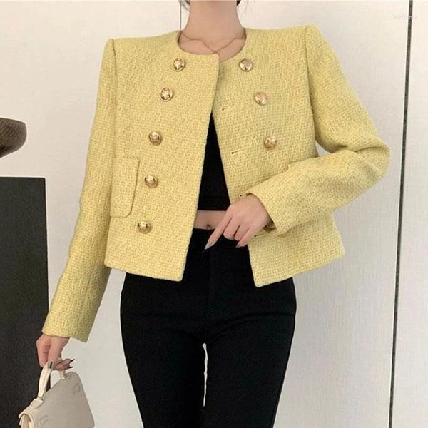 Vestes Femmes Élégant Court Tweed Veste Femmes De Luxe Automne Français O-cou Double Boutonnage Manteaux Courts Vintage Créateur De Mode