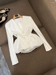 Damesjassen Elegante massieve jas Ontworpen V-Neckline Lange mouw Hasp Bubble Hem Office Lady White Short Jacket