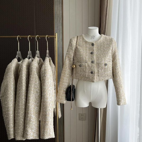 Chaquetas de mujer elegante Squined Tweed manga larga cuello redondo Chaqueta corta señora High Street un solo pecho brillo prendas de vestir Top