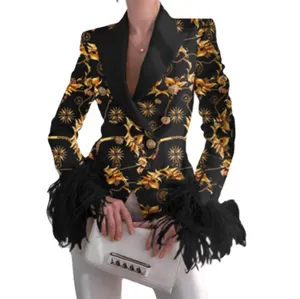 Vestes pour femmes élégant col rabattu dame costume hauts décontracté plume patchwork à manches longues manteau femmes mode veste à double boutonnage extérieur