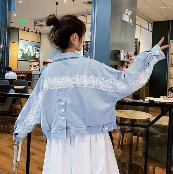 Chaquetas de mujer elegante encaje blanco azul claro mujeres novio denim chaqueta streetwear harajuku jeans abrigo casual vintage grandes bolsillos