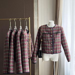 Vestes Femmes Élégant Vin Rouge Hit Couleur Plaid Weave Gland Veste Manteau Petit Parfumé Automne Simple Boutonnage À Manches Longues Femmes Courtes