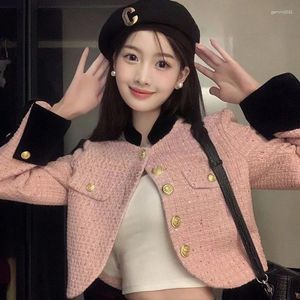 Damesjassen Elegante Dames Tweed Cropped Jasje Koreaanse Mode Wollen Jas Met Lange Mouwen All-Match Knop Patchwork Casual Uitloper Top