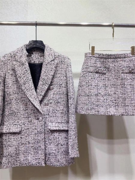 Vestes pour femmes Femmes élégantes Weave Tweed Costume Blazer cranté Manteau ou taille haute Mini-jupe Petit parfum Style Veste Jupes Ensemble