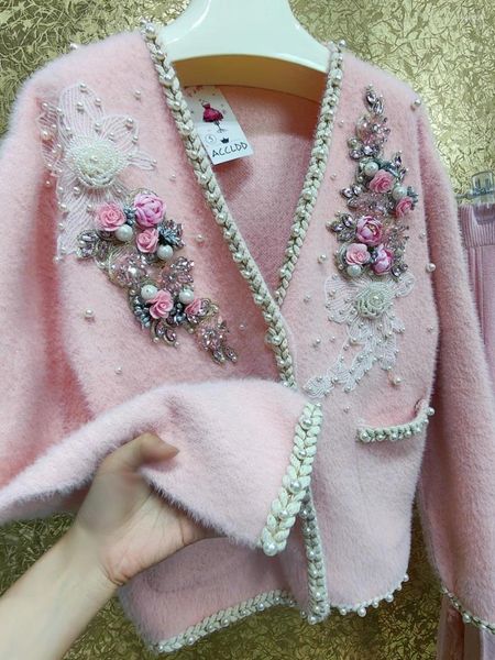 Chaquetas de mujer con bordado, abrigo grueso de lana de visón, rosa de diamantes, flores de hadas, diamantes de imitación, chaqueta con cuentas, cárdigan peludo