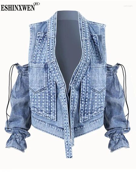 Chaquetas de mujer Eshin 2024 Otoño Azul claro Denim Tamaño grande fuera de la chaqueta del hombro V-cuello de manga larga Mujer Abrigo Tops de moda TH5705