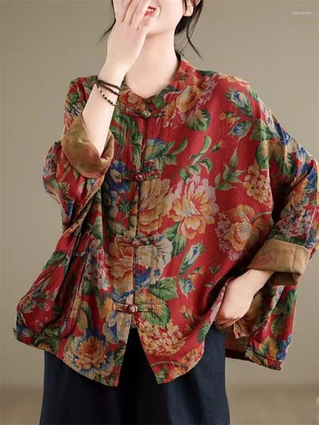 Vestes pour femmes de style ethnique Large grande fleur coton et chemise en lin 2024 Butte chinoise printemps up cardigan manche de batte de chauve-souris K971