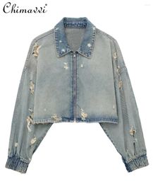 Damesjassen European American Style Streetwear Vintage Frayed Metal Zipper Polo kraag lange mouw korte denim jas jas vrouwen 2024