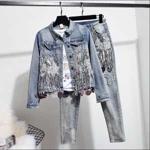 Vestes pour femmes automne européen femmes mode paillettes veste courte manteau trou jean deux pièces Vintage Denim ensemble étudiant Streetwear