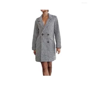 Vrouwen Jassen Europese Stijl Double Breasted Down-down Kraag Lange Mouwen Houndstooth Kamgaren Jas Winter Warm Slim Out Dragen FS0626