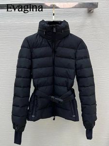 Damesjacks Evagina Runway Fashion Winter Vintage Black Color Down Jacket Lantern Sleeve Pockets Sashes Straight