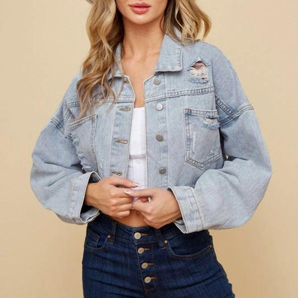 Vestes Femmes Automne Mode Jean Pardessus Femmes Turndown Col Splice Gland À Manches Longues Denim Veste Lâche Boutonné Recadrée Chic Tops