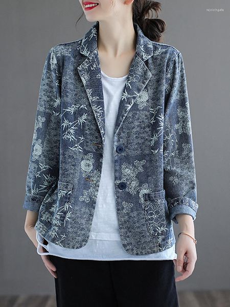 Chaquetas de mujer Otoño Moda coreana Prendas de abrigo Sueltas de lujo Bambú Impreso Denim Señoras Clásico Casual Vintage Floral Jeans Abrigos