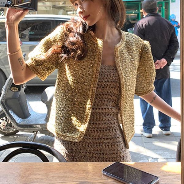 Chaquetas de mujer Otoño de lujo Tweed dorado tejido cárdigans con cuello redondo abrigos chaqueta de manga corta para mujer Tops prendas de vestir para mujer 2023 marca Retro