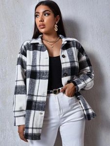 Vestes Femmes Automne Plaid Travail Tenues Veste Femmes Mode Coréenne Bouton Down Turndown Col Manteau D'hiver À Manches Longues Surdimensionné Chaud