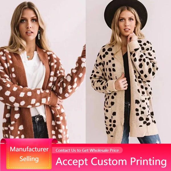 Chaquetas de mujer Otoño Grueso Suelto Leopardo Punto Largo Cardigan Ropa Suéter Mujer Abrigo Outwear Con Bolsillos Manga