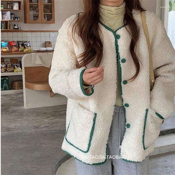 Chaquetas De Mujer Otoño Invierno Moda Abrigo De Lana De Piel Sintética O Cuello Casual Blanco Chaqueta Cálida Gruesa Outwear Un Solo Pecho Cárdigan De Felpa Suelto