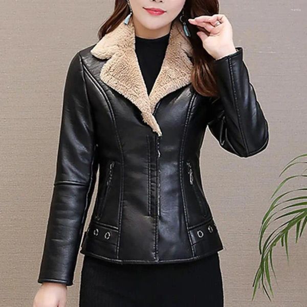 Vestes Femmes Automne Hiver Femmes Veste Épaisse Peluche Faux Cuir Couleur Solide Col Rabattu Zip Up Poches À Fermeture À Glissière Cardigan À Manches Longues