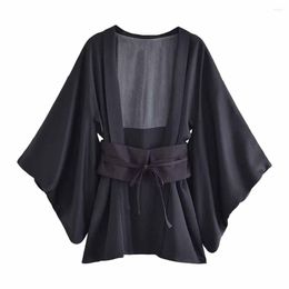 Damesjassen Mode Riem Decoratie Zijde Satijn Textuur En Kimono Jas Vrouwelijke Effen Kleur Retro Mujer 8109786