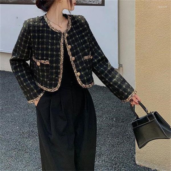 Vestes Femmes Mode Noir Tweed Veste Printemps Automne Chaqueta Mujer Vintage Manteau Femmes Vert Plaid Vêtements Laine Jaquetas