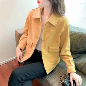 Vestes pour femmes Mode Veste en velours côtelé 2024 Printemps Automne Manteau Tops Coréen Court Casual Vêtements de dessus pour femmes Jaune Blanc