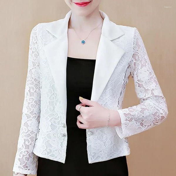 Chaquetas de mujer Chaqueta de moda Mujeres 2024 Manga larga con cuello en V Office Lady Black White Lace Slim Coat D105