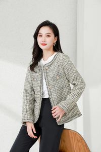 Damesjacks mode Koreaanse stijl chique tweed jas herfst single breasted plaid kantoor dame outdarse dames vintage o-neck jas