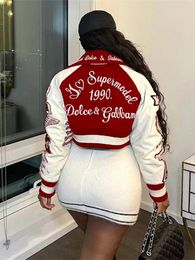 Femmes s Vestes Mode Lettre Imprimer Patchwork Simple Poitrine Bomber Casual 2023 Printemps À Manches Longues Manteau Court Survêtement Varsity Veste 230225