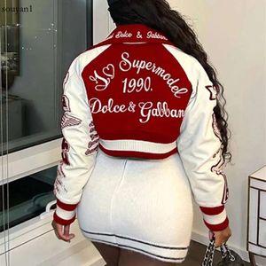 Dames S-jassen Mode Letterprint Patchwork Bomber met enkele rij knopen Casual 2023 Lente Lange mouw Korte jas Bovenkleding Varsity-jack 230321