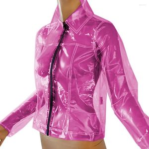 Vestes pour femmes mode à manches longues claires plasitc sissy transparent en PVC collier borde