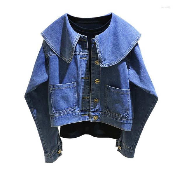 Femmes Vestes De Mode Lotus Feuille Col Denim Manteau Femmes 2023 Printemps Vintage Lâche Unique Poitrine Court Jeans Veste Femme Vêtements G2525