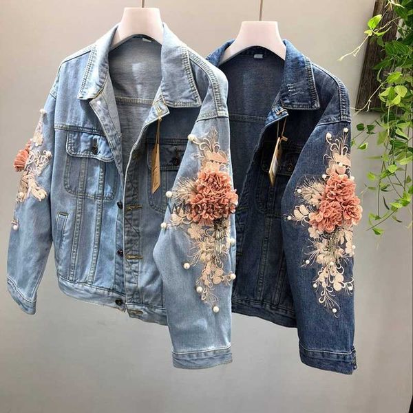 Vestes pour femmes Mode- Nouveau 3D Fleur Denim Mode Broderie Cowboy Jean Vestes Court Denim Manteau Filles Outwear 240301