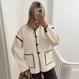 Vestes Femmes Mode Patchwork Poche À Manches Longues Manteau Pour Femmes Élégant Cardigan À Poitrine Veste Automne Hiver Femme Chaud