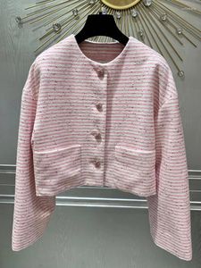 Vestes Femmes Mode Rose Rayé Tweed Veste Pour Femmes De Haute Qualité O-cou À Manches Larges Doublure En Soie Métallique Manteau 2024 Printemps