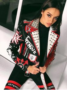 Chaquetas de mujer Moda Pu Abrigos de cuero Mujer Chaqueta con estampado de dibujos animados Cuello vuelto Punk Rock Recortado Abrigo de imitación