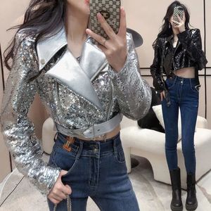 Femmes Vestes De Mode Sequin Faux Cuir Veste Femmes Automne PU En Cuir Brillant Dames Manteaux Casual Party Club Crop Vestes Femme Outwear 230818