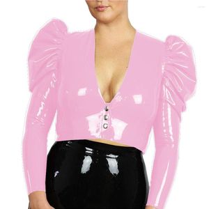 Vestes pour femmes Mode brillant PVC manches longues bouffantes Crop Top Sexy col en V profond boutonné veste gothique style punk manteau court pour la fête