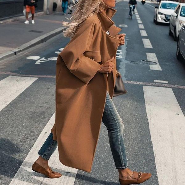 Chaquetas De Mujer Moda Sólido Abrigo De Lana Otoño Invierno Mujeres Temperamento Manga Larga Solapa Solo Pecho Desplazamientos Casual Abrigo Suelto