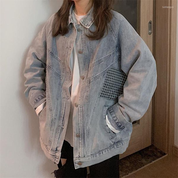 Chaquetas de mujer Moda Primavera Plaid Patchwork Chaqueta de mezclilla larga suelta 2023 Street Casual Oversize Light Blue Coat Harajuku Girls BF Jeans