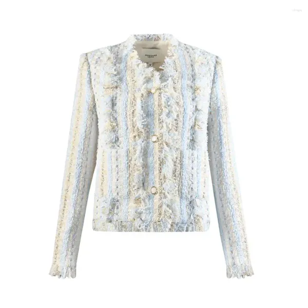 Jackets de mujeres Fashion Spring Tweed Blue Blanco Blanco Contrasta Contrastando Tassel Diseño de borde para mujeres Ropa de abrigo 2024