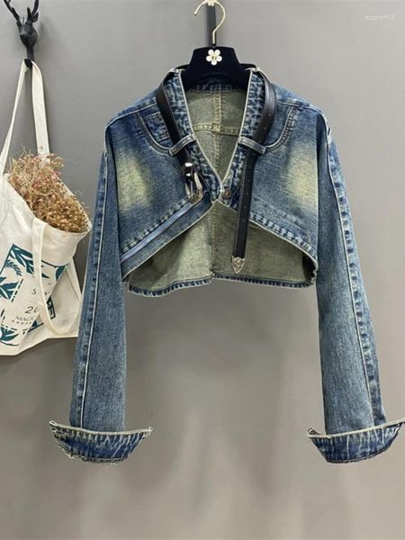 Jackets de mujeres Fashion Street Flowe Denim Coat Fashion Denim Cinturón de alta calidad Manga decorativa de bate chaqueta corta de cárdigan