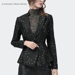 Damesjassen Mode Pak Kraag Zwarte Polka Dot Blazer Lange Mouw Single Button Slanke Korte Jas Herfst Jacquard Jas 231011