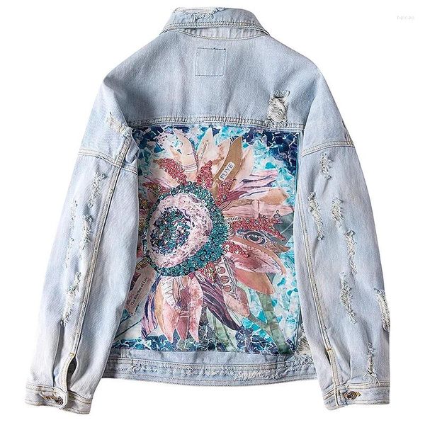 Chaquetas de mujer Moda Mujer Denim Casual Mangas largas Vintage Girasol Diamantes Frayed Hole Tops Jean Chaqueta Azul claro Abrigos sueltos