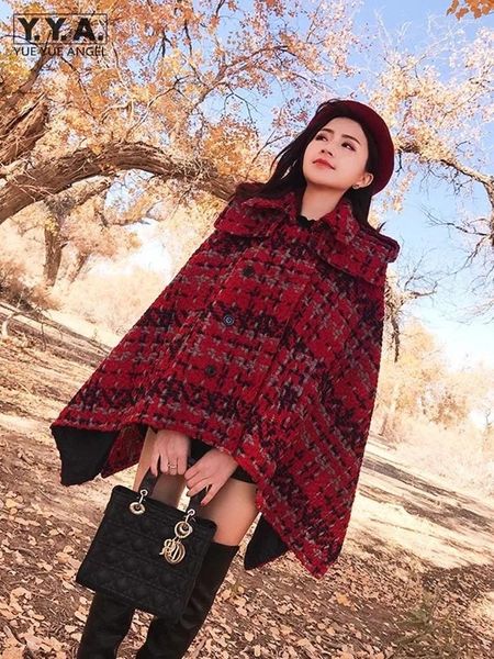 Chaquetas de mujer Moda Mujeres Doble botonadura Red Plaid Tweed Chaqueta Capa Cabo Outwear Abrigo Otoño Invierno Batwing Manga Manto Abrigo